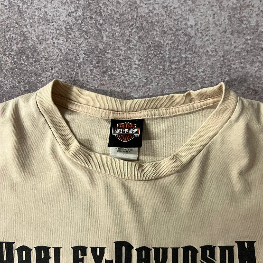 Y2K Harley Davidson Beige Distressed Long Sleeve Tee L