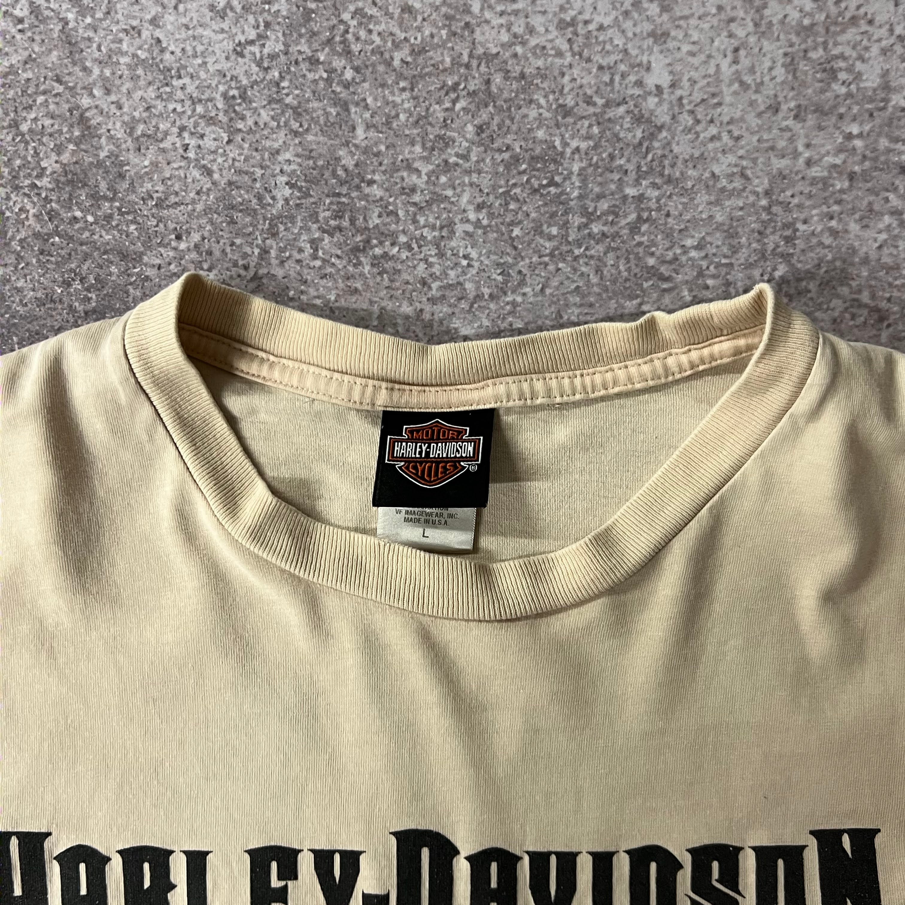 Y2K Harley Davidson Beige Distressed Long Sleeve Tee L