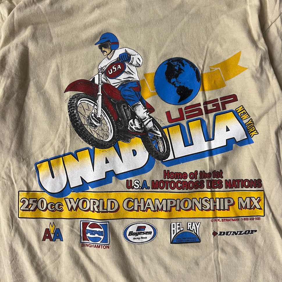 80s Unadilla Motocross Screen Stars Big Logo Back Graphic Single Stitch Tan Tee L
