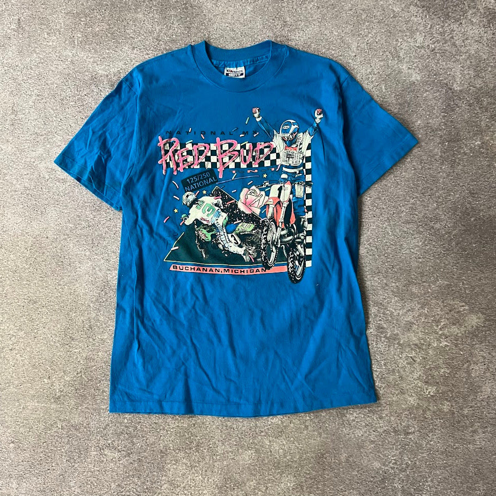 1990 RedBud National Motorsports Big Logo Back Graphic Faded Blue Tee L