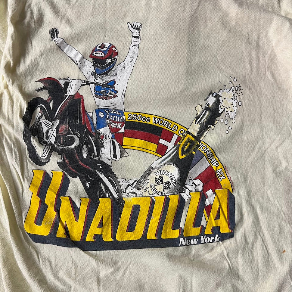 80s Unadilla World Championship Motocross Big Logo Back Graphic Faded Yellow Tee XL