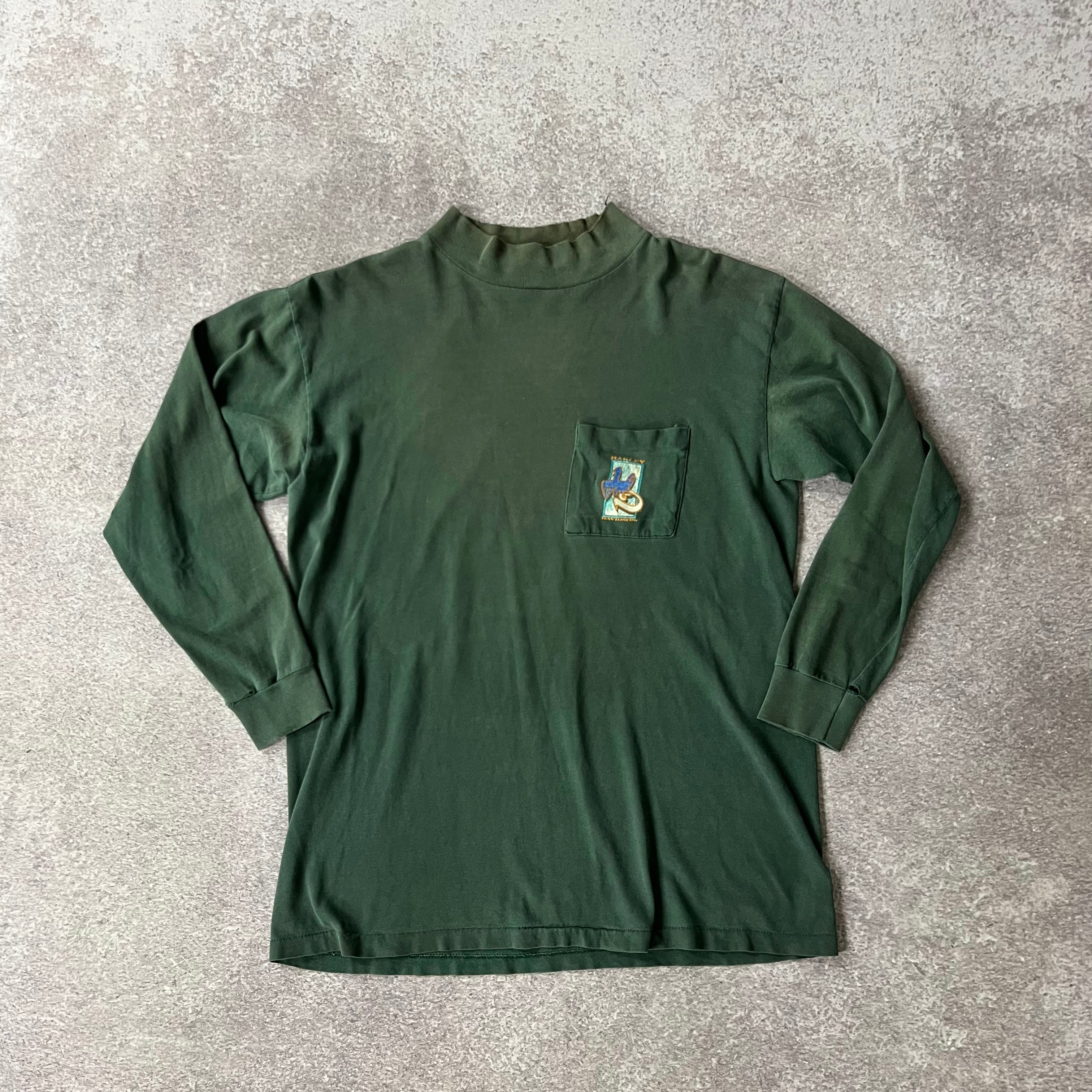 90s Harley Davidson Mockneck Green Distressed Long Sleeve Tee L