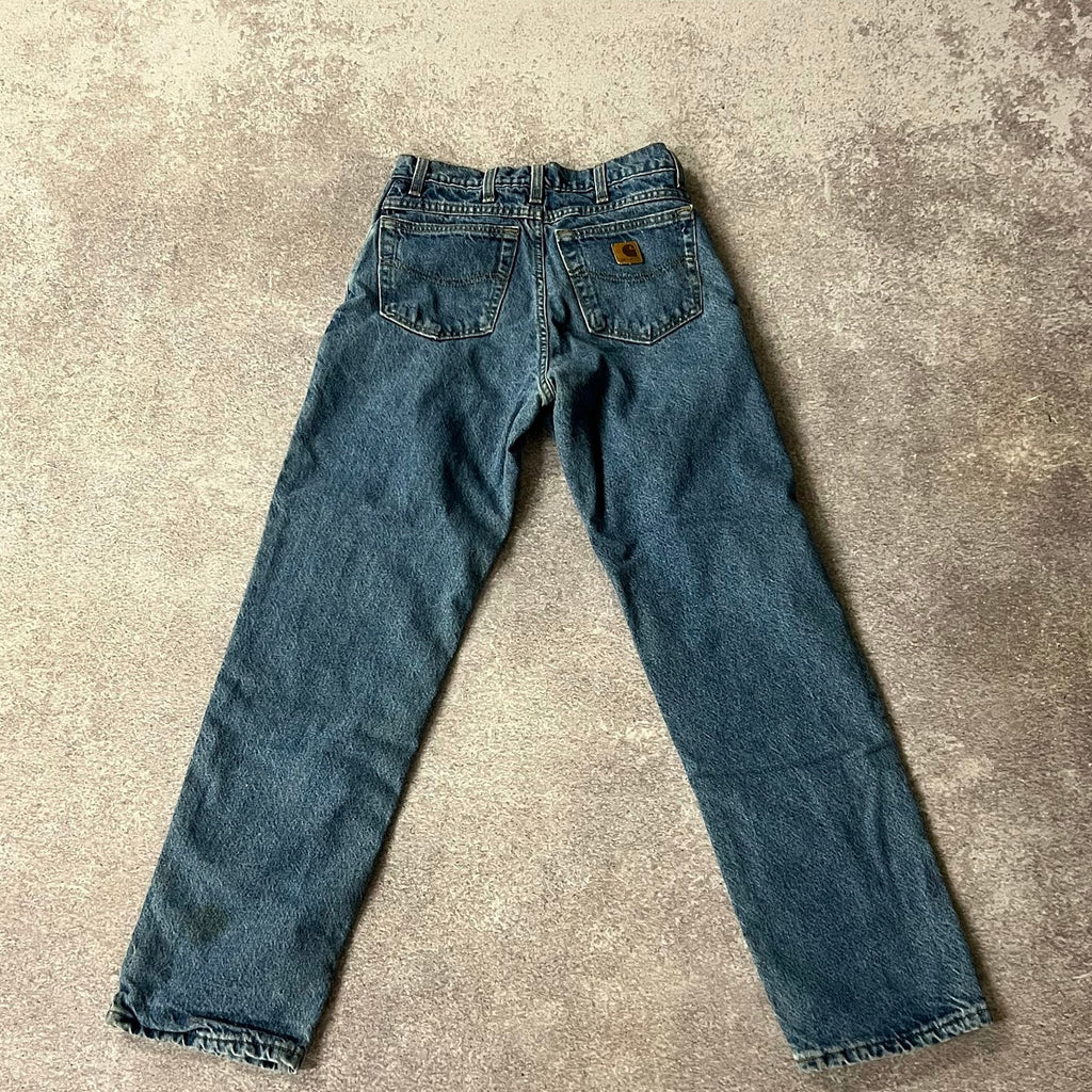 90s Carhartt Plaid Lined Blue Distressed Workwear Pants 28W x 30L