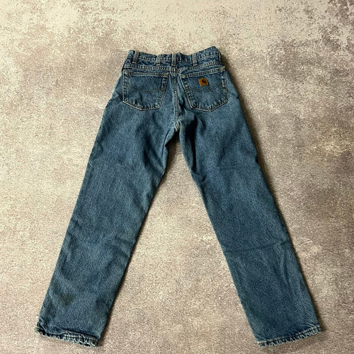 90s Carhartt Plaid Lined Blue Distressed Workwear Pants 28W x 30L