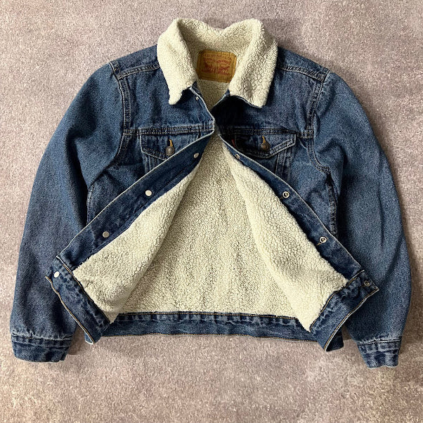 VTG Levi's Sherpa Lined Denim Trucker Jacket Men's Large Blue Y2K 70520