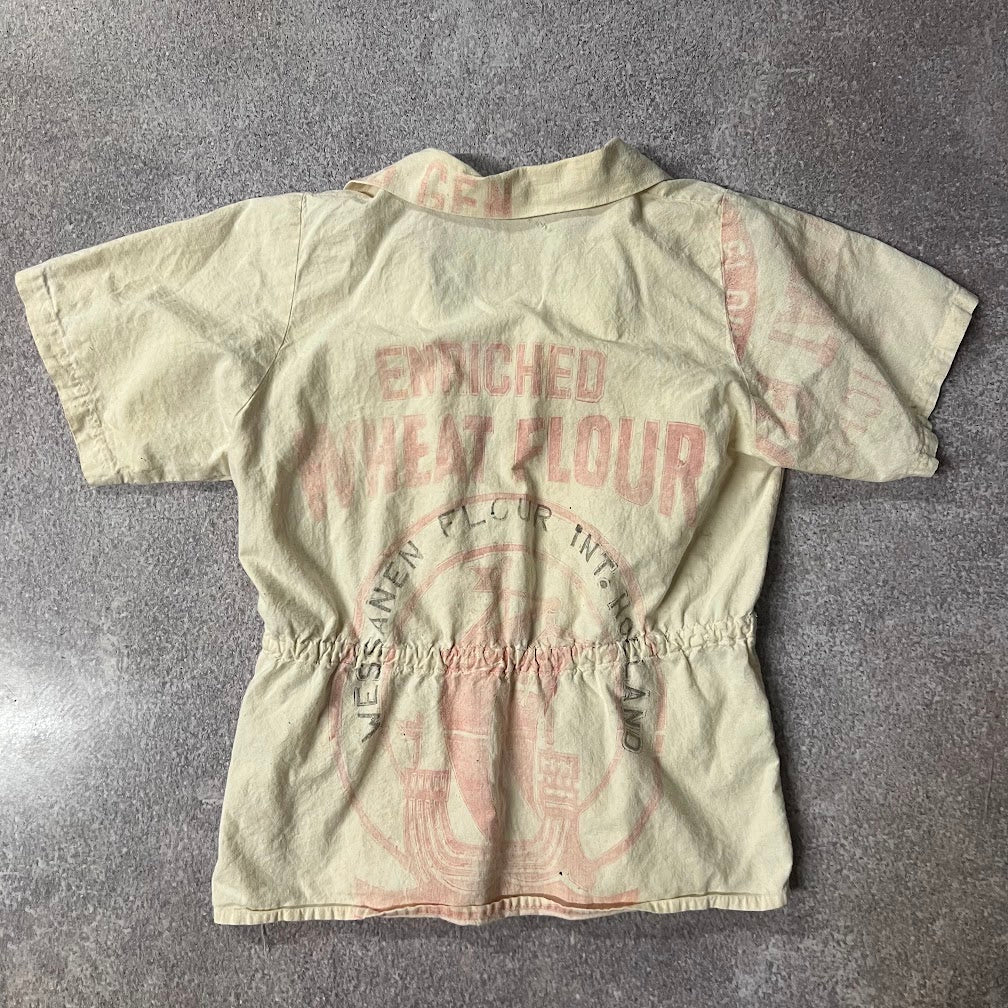 Upcycled Handmade Flour Sack Linen Distressed Vintage Blouse S