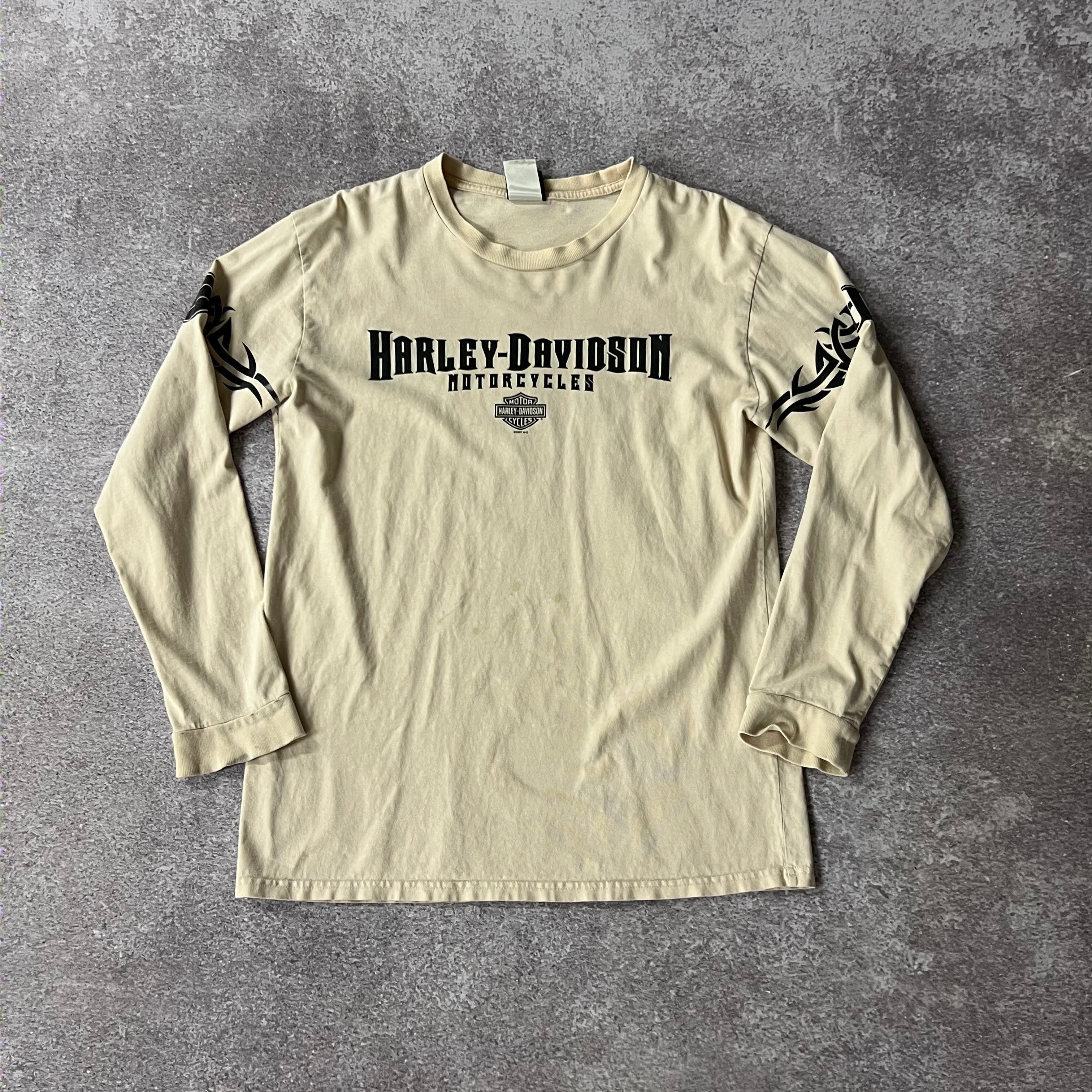 Y2K Harley Davidson Beige Distressed Long Sleeve Tee L