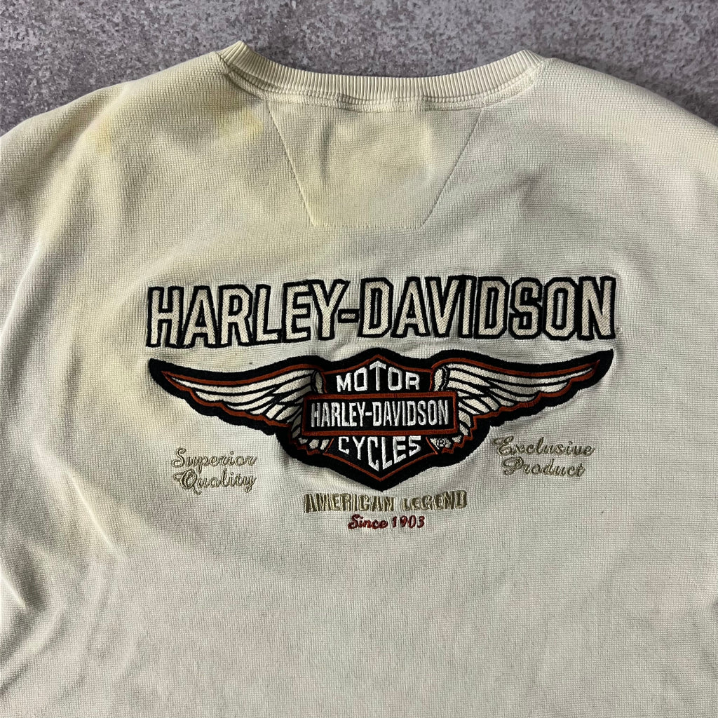 2010s Harley Davidson Embroidered Back Graphic Cream Long Sleeve Tee L