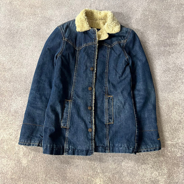 Earl Jean Denim Barn Jacket Sherpa Fleece Collar Blue Jean Chore Coat Size S