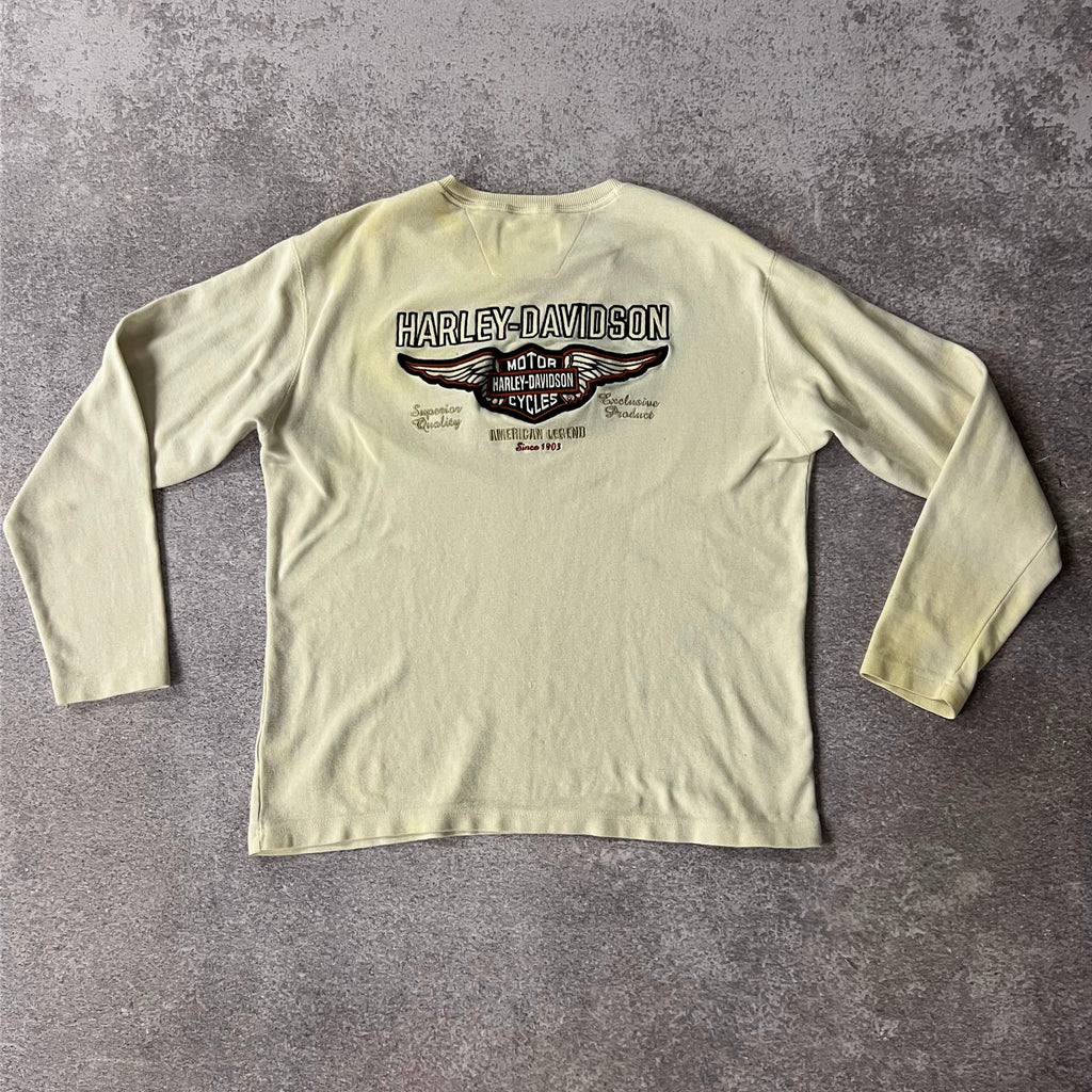 2010s Harley Davidson Embroidered Back Graphic Cream Long Sleeve Tee L