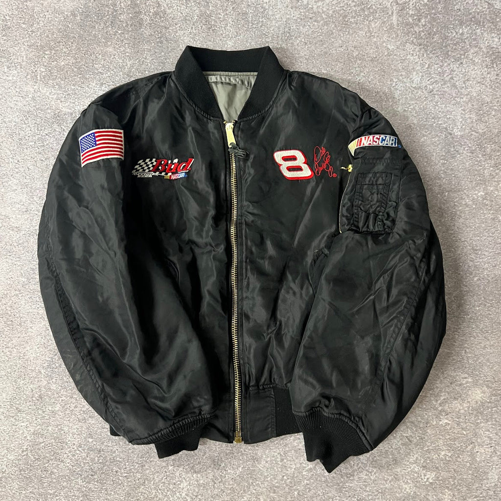 Y2K Dale Jr NASCAR Big Logo Back Graphic Embroidered Puffer Jacket L