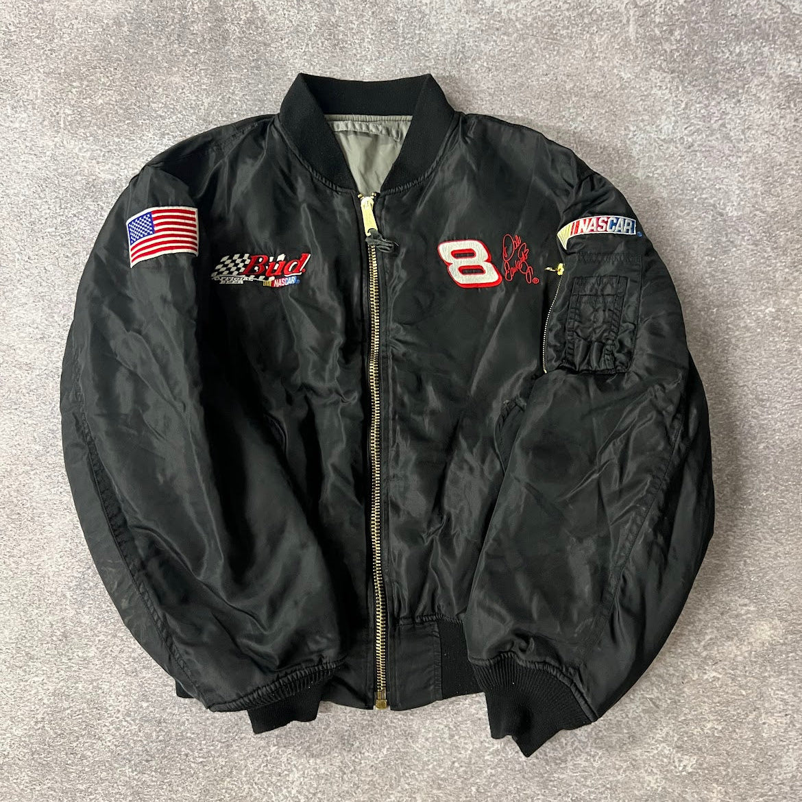 Y2K Dale Jr NASCAR Big Logo Back Graphic Embroidered Puffer Jacket L