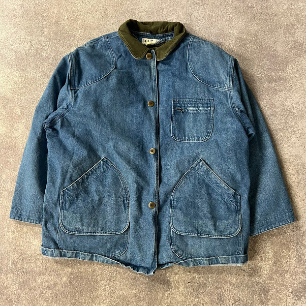 VTG 90s LL Bean Denim Barn Coat Jacket Corduroy Collar Workwear Mens XXL