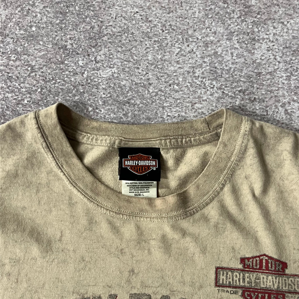 Y2K Harley Davidson Sherbrooke QC Tan Back Graphic Tee L