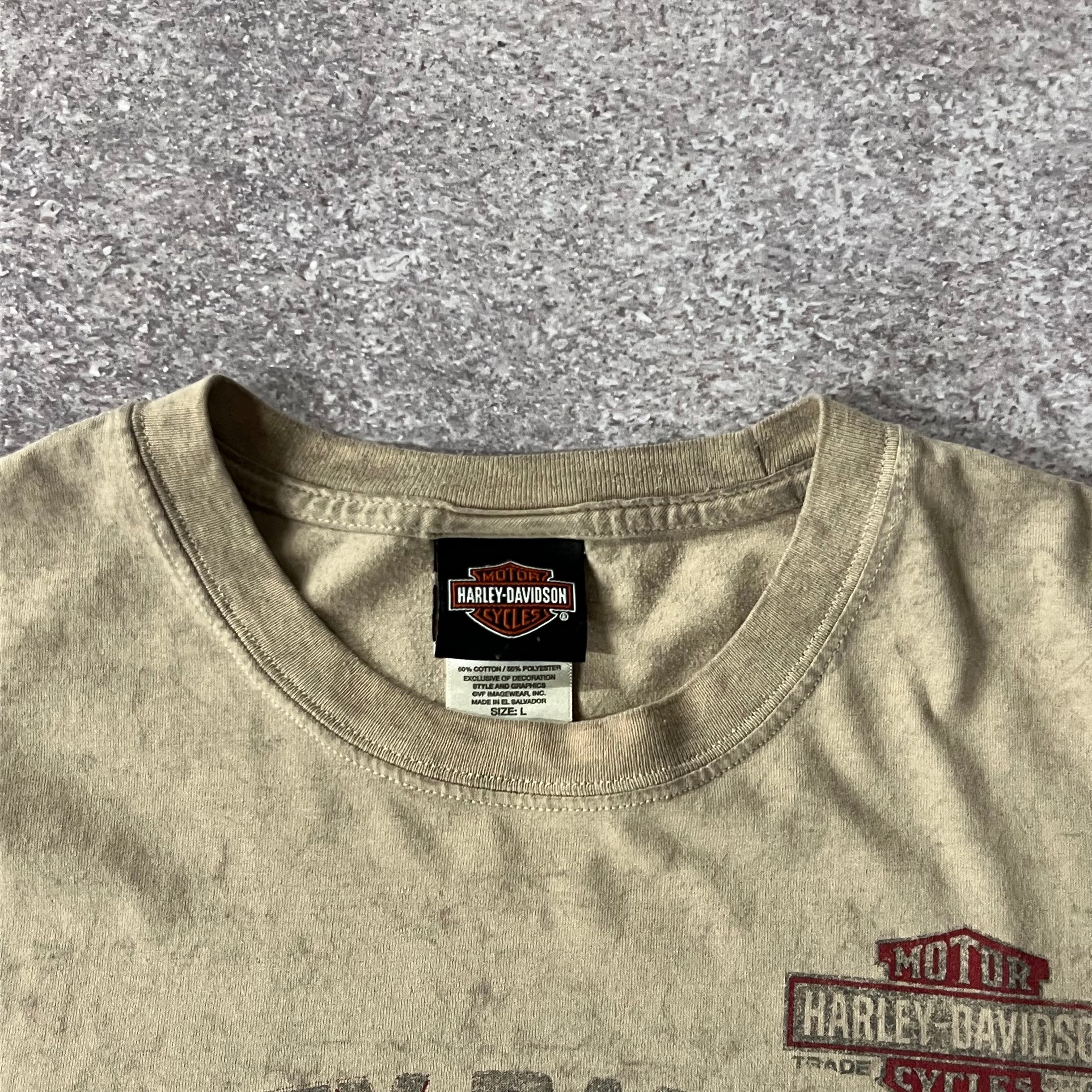 Y2K Harley Davidson Sherbrooke QC Tan Back Graphic Tee L