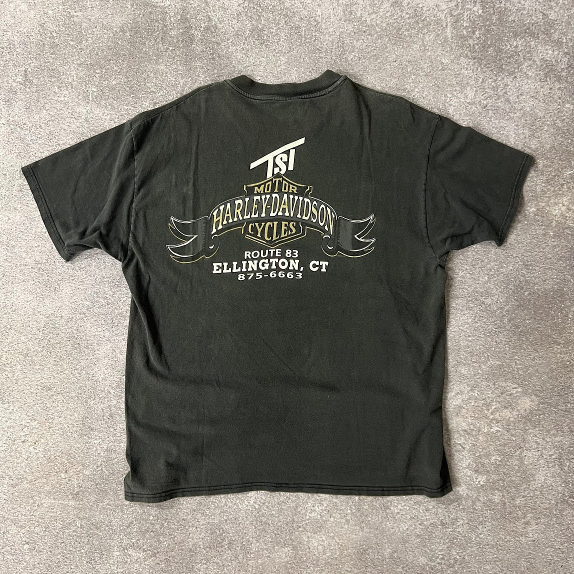 90s Harley Davidson Ellington, CT Gray Worn In Tee XL