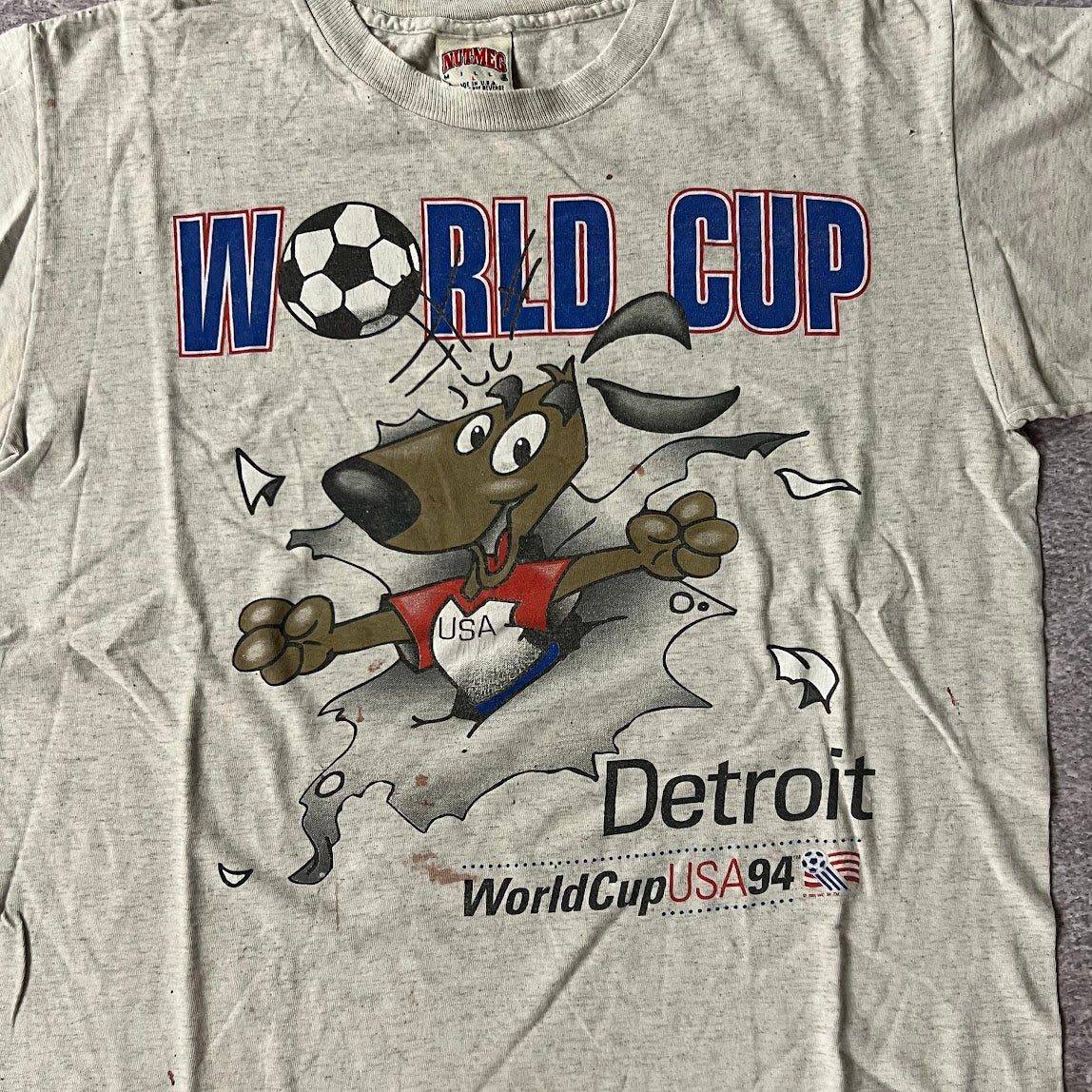 90s USA, World Cup Detroit Nutmeg Mills Gray Distressed Tee L