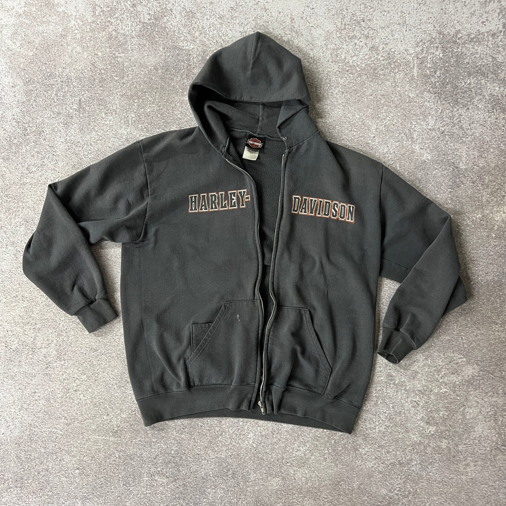 Y2K Harley Davidson Maine Gray Distressed Zip Up Hoodie M