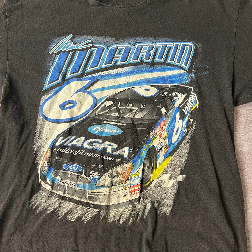 Y2K Mark Martin NASCAR Hanes Big Logo Back Graphic Faded Tee L