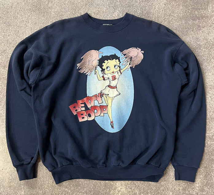 90s Betty Boop Big Logo Cracked Print Faded Crewneck Sweatshirt M