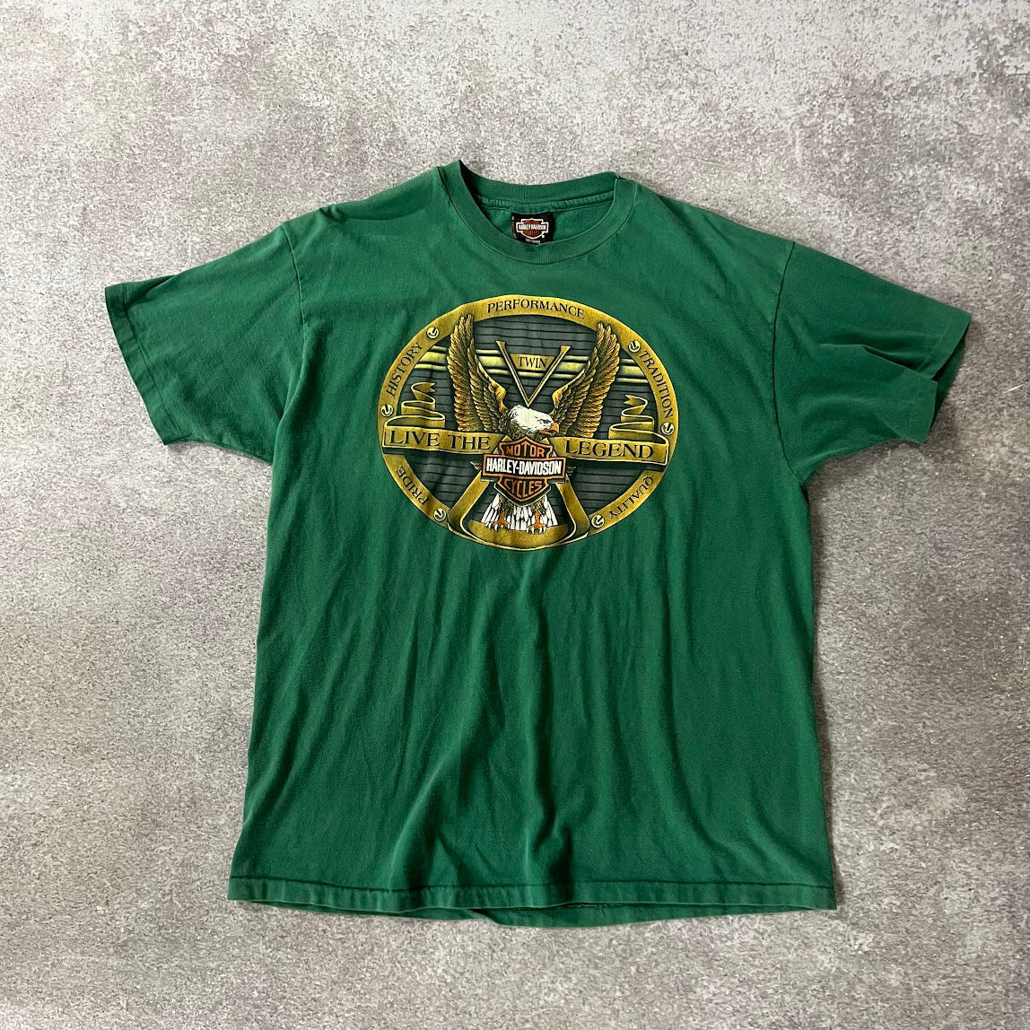 Y2K Harley Davidson Edinburgh, Scotland Green Worn In Tee XL