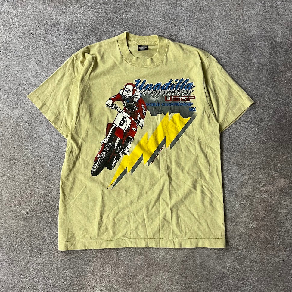 80s Unadilla Motocross Screen Stars Big Logo Back Graphic Single Stitch Tan Tee L