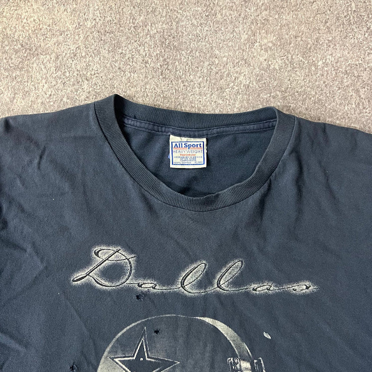 90s Dallas Cowboys NFL All Sport Big Logo Cracked Print Distressed Tee XL