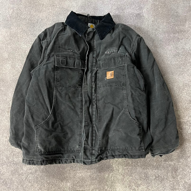 2010s Carhartt Corduroy Collar Quilt Lined Workwear Black Jacket XL